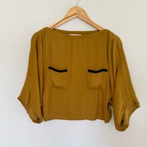 MANGO Suit Women’s Size 4 Boxy Crop Top in Mustard with Black Pocket Trim